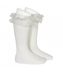 Cóndor - Calcetines altos punto liso con tira tul fruncido - Nata