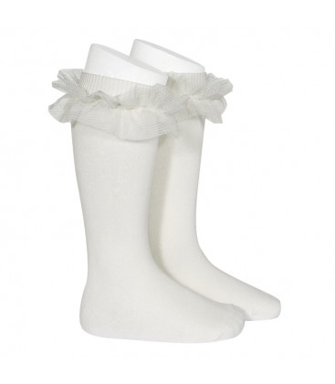Cóndor - Calcetines altos punto liso con tira tul fruncido - Nata