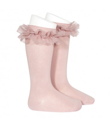 Cóndor - Calcetines altos punto liso con tira tul fruncido - Rosa palo