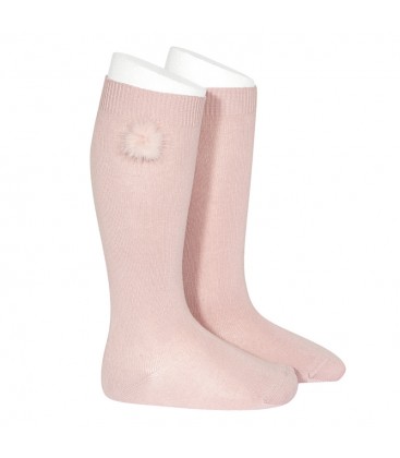 Calcetines altos punto liso con borla de pelo de Cóndor - Rosa palo
