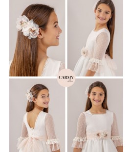 Carmy - Vestido primera comunión tul marfil claro y salmón