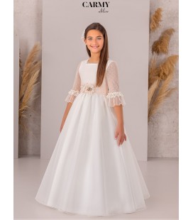 Carmy - Vestido primera comunión tul marfil claro y salmón