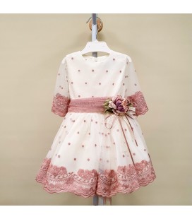 Piculina Kids - Vestido tul bordado rosa y beige