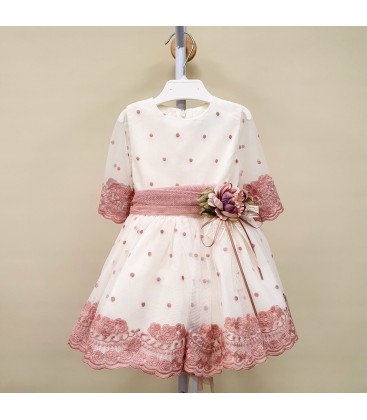 Piculina Kids - Vestido tul bordado rosa y beige