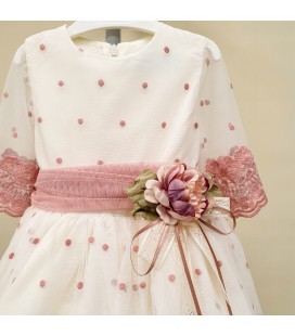Piculina Kids - Vestido tul bordado rosa y beige