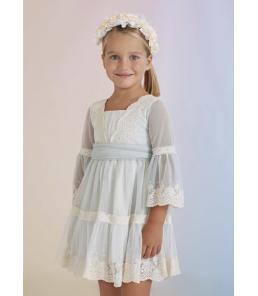 Abel&Lula - Vestido tul bordado puntillas color crudo-anis