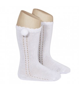 Cóndor - Calcetines altos perlé calados pompón - Blanco