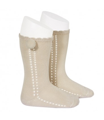 Cóndor - Calcetines altos perlé calados pompón - Lino