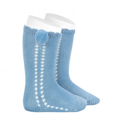 Cóndor - Calcetines altos perlé calados pompón - Azulado