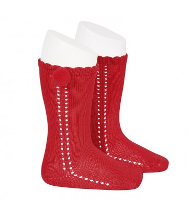 Cóndor - Calcetines altos perlé calados pompón - Rojo