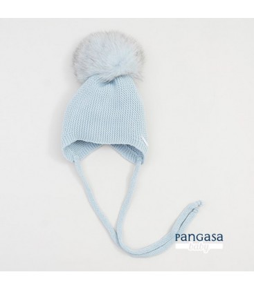 Pangasa Baby - Gorro Punto Orejero Pompón Pelo Natural Color Celeste