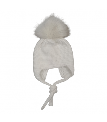 Marialex - Gorro punto blanco con pompón pelo sintético