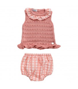 Juliana - Conjunto bebé braga de punto cuadritos Rosa Empolvado
