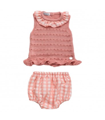 Juliana - Conjunto bebé braga de punto cuadritos Rosa Empolvado