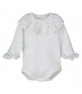 Calamaro Baby - Body Bebé Puntilla Cuello y Mangas Crudo