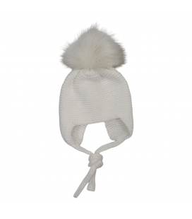 Marialex - Gorro punto blanco con pompón pelo sintético