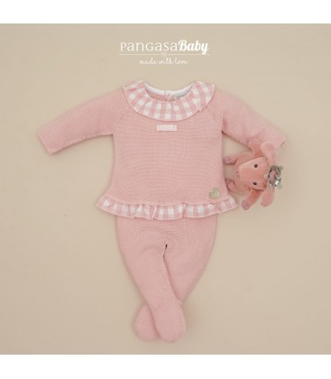 Pangasa Baby - Conjunto primera puesta con volante estampado cuadros color rosa empolvado