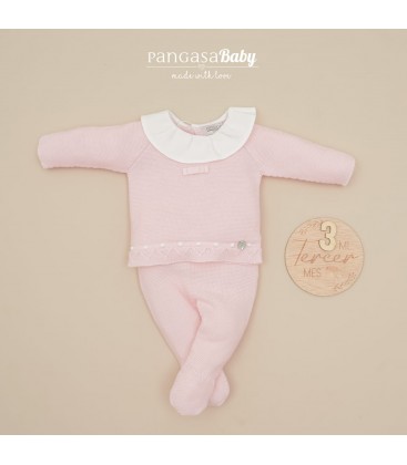 Pangasa Baby - Conjunto primera puesta con volante piqué color rosa bebé