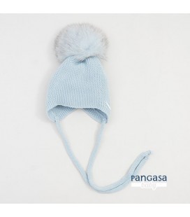 Pangasa Baby - Gorro Punto Orejero Pompón Pelo Natural Color Celeste