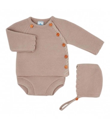 SARDON - Conjunto bebé de punto con ranita y capota color piedra