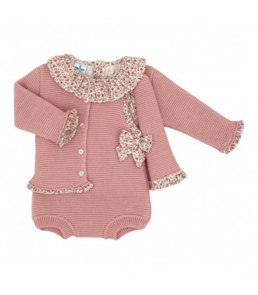 SARDON - Conjunto bebé de punto rosa con ranita y chaqueta floral