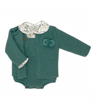 SARDON - Conjunto bebé de punto verde con ranita y chaqueta